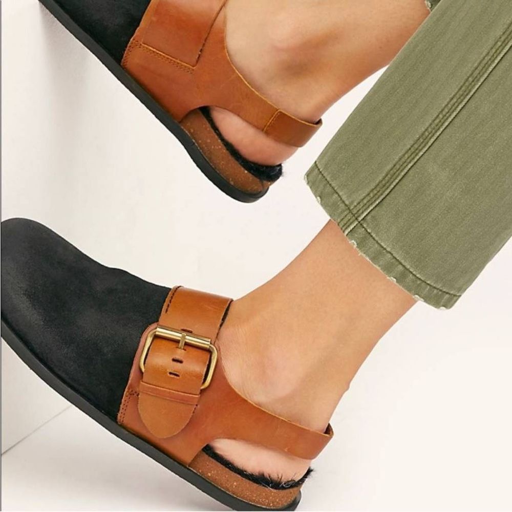 Free People Clogs Womens US 10 Black Brown Leather Adjustable Seattle Slingback
